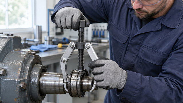 Industrial mechanic using a bearing puller to remove inner race from shaft