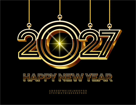 Vector Stylish Greeting Card Happy New Year 2025 with Decorative Toys 2027! Luxury Black and Golden 3D Font. Unique set of  Cool Alphabet Letters and Numbers.