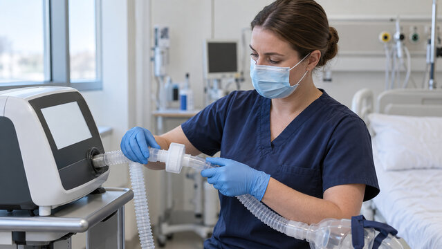 Female nurse assembling respiratory ventilator circuit filter in hospital room