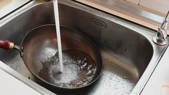 Washing a Traditional Round Iron Wok in Kitchen Sink
