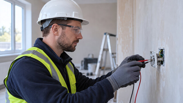 Professional electrician testing electrical wall socket with multimeter probes