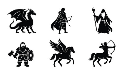 Fototapeta premium Fantasy Creature Icons Set: Dragon, Archer, Wizard, Dwarf, Pegasus, Centaur Vector Graphics