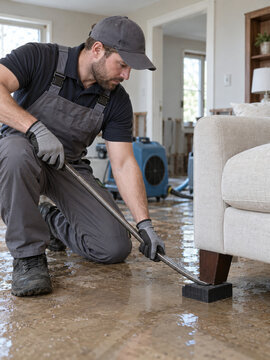Water damage restoration worker lifting sofa leg onto block in flooded home