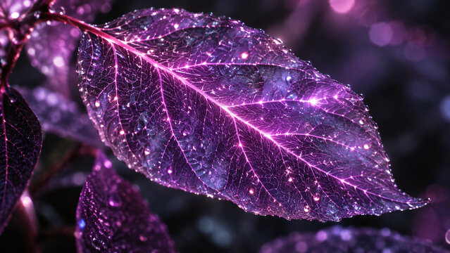 Bioluminescent purple leaf with glowing neon veins and fresh water droplets