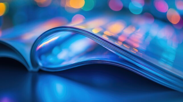 Curled transparent holographic ribbon forms a luminous wave over blue surface