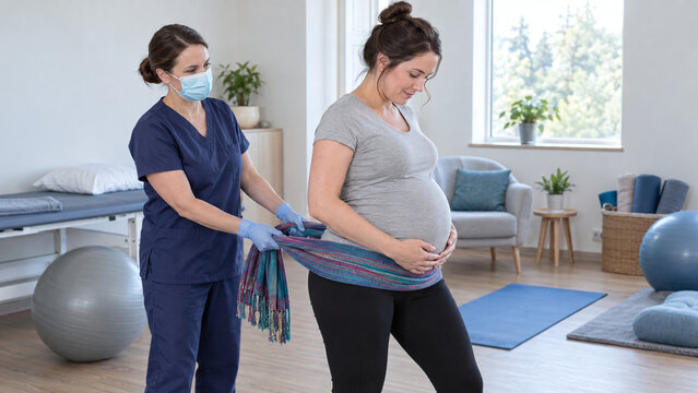 Midwife supporting a pregnant woman with rebozo scarf technique in clinic
