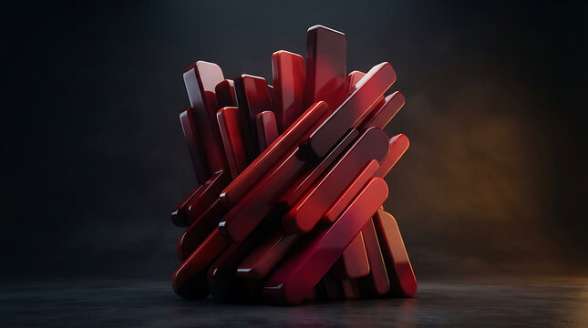Abstract 3D composition featuring vertical and diagonal red wooden or plastic blocks clustered together in a dark studio wooden sticks structure