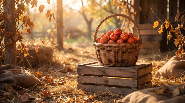 A wooden basket filled with fresh cudrania tricuspidata fruit resting on a crate in a rustic autumn orchard
