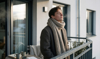 Obraz premium Peaceful young man stands on apartment balcony in cold winter morning. Closes eyes, breathes fresh air. Visible steam from breath shows chill temperature. Relaxed male enjoys quiet moment of