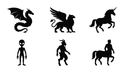 Fototapeta premium Mythical Creatures Vector Silhouettes: Dragon, Griffin, Unicorn, Alien, Satyr, Centaur Icons