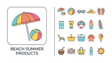 Fototapeta premium Summer Beach Essentials Collection: A vibrant assortment of illustrated icons representing essential beach and summer products, including an umbrella, beach ball, sunglasses, hat, flip-flops.
