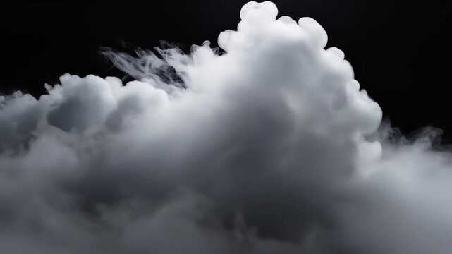 Realistic white smoke and fog cloud floating against a dark black background, ideal for dramatic atmosphere, overlay effects, and mysterious visuals