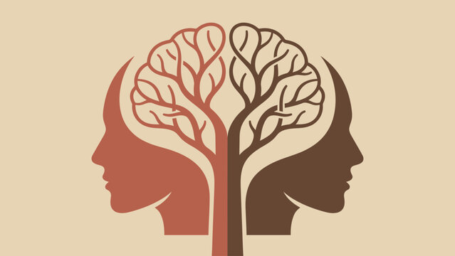 Human head profiles merging into a central tree shaped like a brain representing psychology