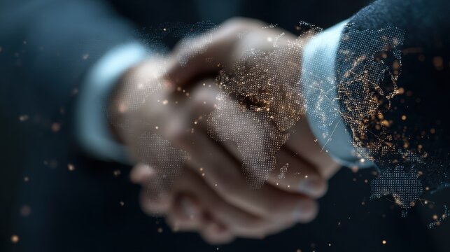 Global business partnership and investment strategy with professionals shaking hands over a digital world network background
