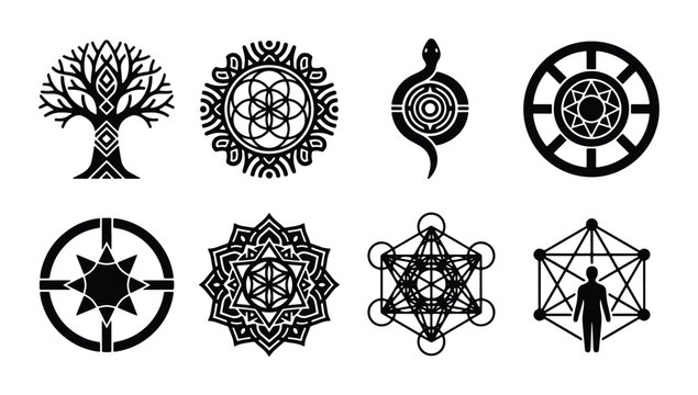 Sacred Geometry Symbols Set: Tree of Life, Flower of Life, Metatron's Cube, Dharma Wheel, Vector Icons
