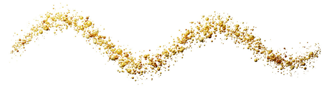 Golden particles move in a wave pattern on a clear background. The design is made in 3D to show a flowing effect. The particles stand out against the