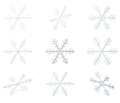 The snowflakes are cut out and isolated on a clear background. Each snowflake shows a different design, creating a unique collection. They have a 3D