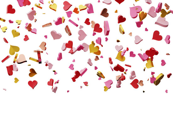 Scattered confetti hearts in red, pink, and gold colors are floating on a clear background. The hearts are cut out and give a 3D effect, adding a