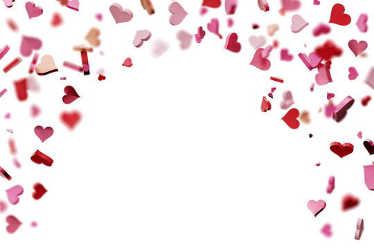 Confetti hearts of different colors are shown isolated on a clear background. They create a festive display suitable for celebrations or decorations