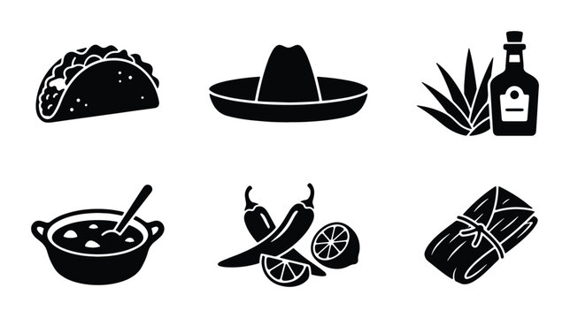 Mexican Food Icons Set: Taco, Sombrero, Tequila, Chili Peppers, Tamale, Soup Bowl Vector Graphics
