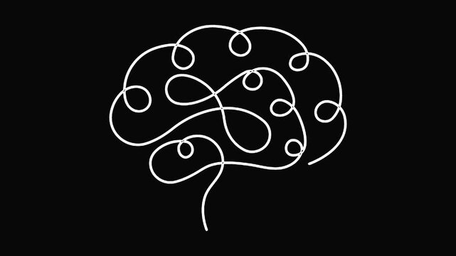 Abstract white continuous line drawing of a brain, symbolizing thought and mind