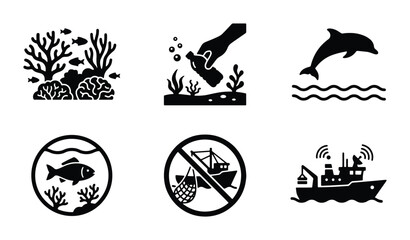 Fototapeta premium Ocean Conservation Icons: Marine Life, Pollution, Fishing Ban, Research Vessel Vector Set