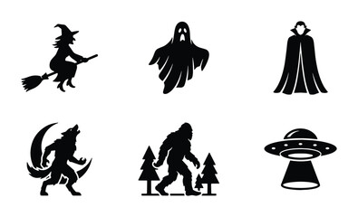 Fototapeta premium Spooky Halloween Icons Set: Witch, Ghost, Vampire, Werewolf, Bigfoot, UFO Silhouettes for Spooky Designs
