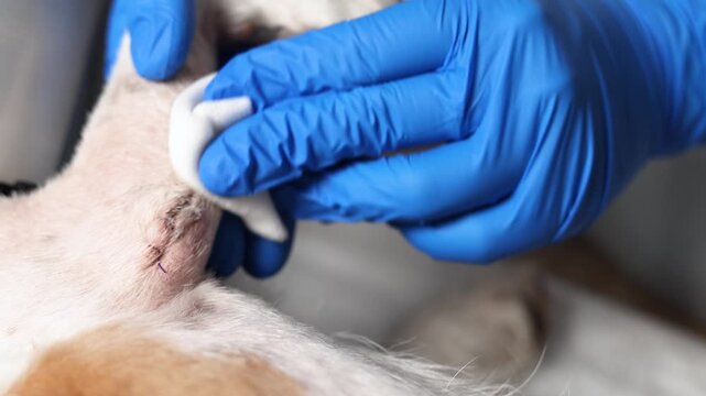 Detailed veterinary care shows blue gloved vet gently treating paw stitches on Jack Russell. Cone collar remains in place during recovery.