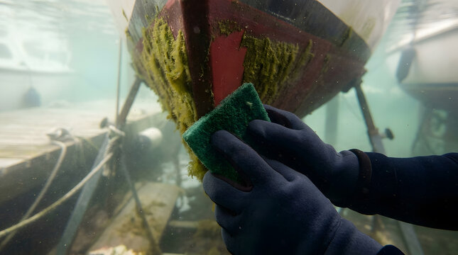 Underwater close up of a diver cleaning marine algae and barnacles off the hull of a boat using a scrub pad. Professional boat maintenance, hull cleaning, environmental protection