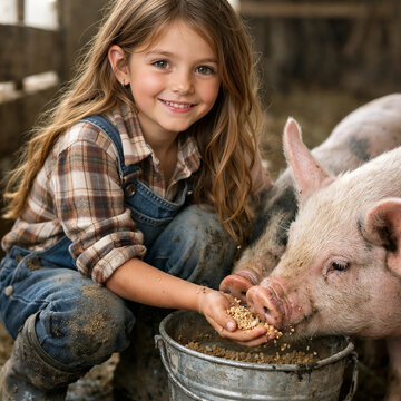 Joyful Young Girl in Plaid Shirt and Overalls Feeds a Hungry Pig from Her Hands on a Muddy Rural Farm