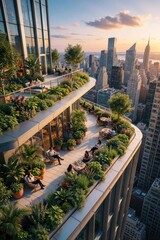 Obraz premium Urban rooftop garden on modern skyscraper with city skyline view at sunset. Happy people relax, dine, socialize on outdoor terrace among green plants, trees. Luxury apartment building amenity