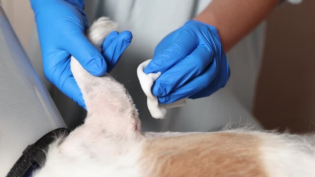 Home care shows owner in blue medical gloves cleaning Jack Russell paw with sterile bandage after surgery. Cone collar prevents licking during recovery.