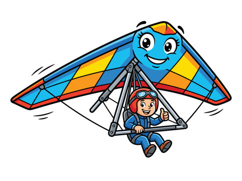 Hang glider vector illustration with cute flying character and smiling gliders, active sports leisure theme