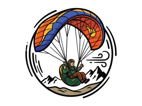 Paragliding vector illustration badge with extreme sport athlete flying in sky with mountains