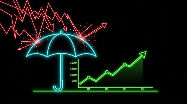 Financial Protection Concept With A Glowing Umbrella Shielding Against Market Volatility