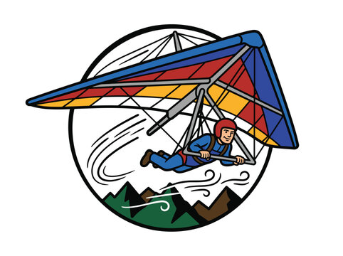 Hang gliding vector illustration of a pilot flying with colorful wings over mountains and wind lines inside a circle