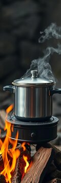 Pressure cooker sitting on top of a modern chulah with wood being burnt, culinary equipment., metal cooker