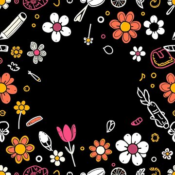 Seamless Doodle Background with Spring Elements, lively, cheerful