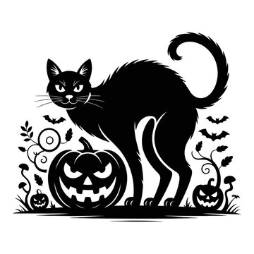 Black cat with jack o lanterns and bats is a silhouette