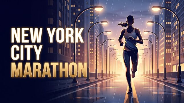 Female Athlete Running on Rainy City Street at Night with New York City Marathon Text Overlay