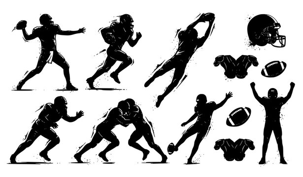 American Football Action Players Grunge Black Silhouette Sports Poster Vector