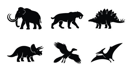Prehistoric Mammals and Dinosaurs Silhouettes, Ancient Creatures Vector Icons Set © Nasir