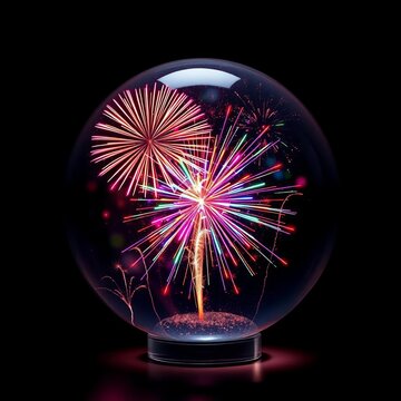 Vibrant fireworks explosion in crystal glass sphere on dark background, sparks, abstract light