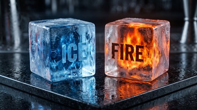 Frozen ice cubes with fire effect inside