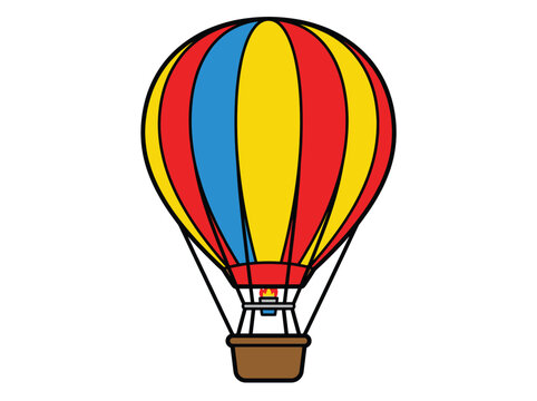 Hot air balloon vector illustration, colorful aerostat with basket and flame, isolated graphic element