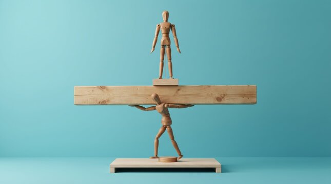 Wooden man balancing another on a seesaw