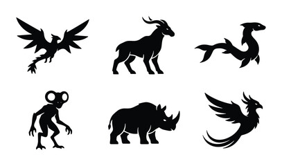Obraz premium Mythical Creatures Silhouette Set: Phoenix, Dragon, Alien, Goat, Rhinoceros, Sea Monster Icons