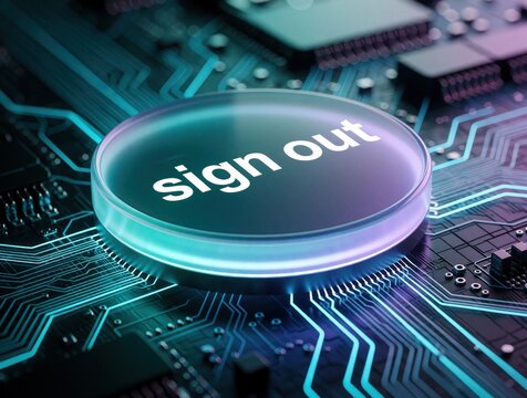 Digital sign out button on glowing circuit board background. Electronic interface element for user logout process in tech software. Cyber security concept with glowing lines, microchips. Modern app