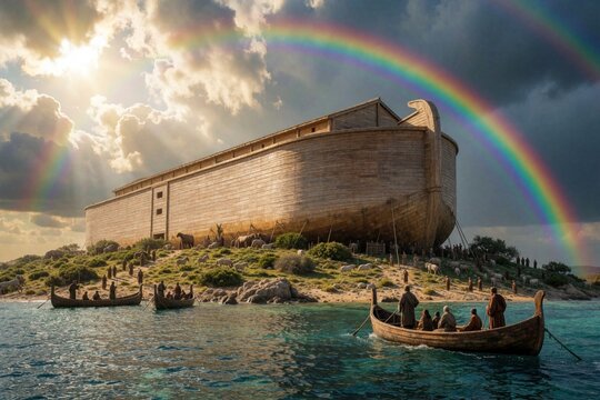 Huge wooden Noahs ark sits on green hill under bright rainbow. People row small boats near massive biblical ship. Animals gather on shore by sea. Sun shines through dramatic clouds after great flood,