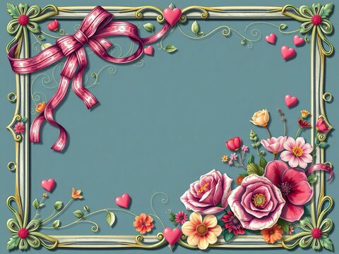 Whimsical illustration featuring intricate ribbons, flowers, and hearts within a decorative frame, fancy, elegant